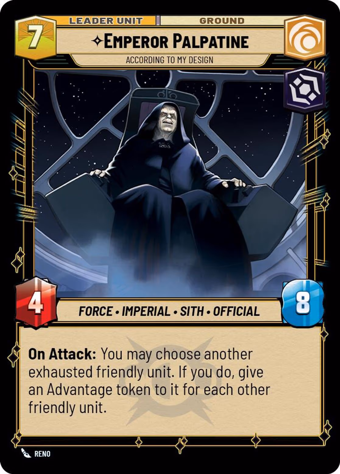 Emperor Palpatine - According to My Design ASH-015 Star Wars Unlimited card (back face)