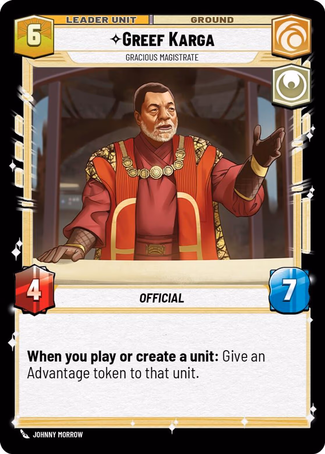 Greef Karga - Gracious Magistrate ASH-017 Star Wars Unlimited card (back face)