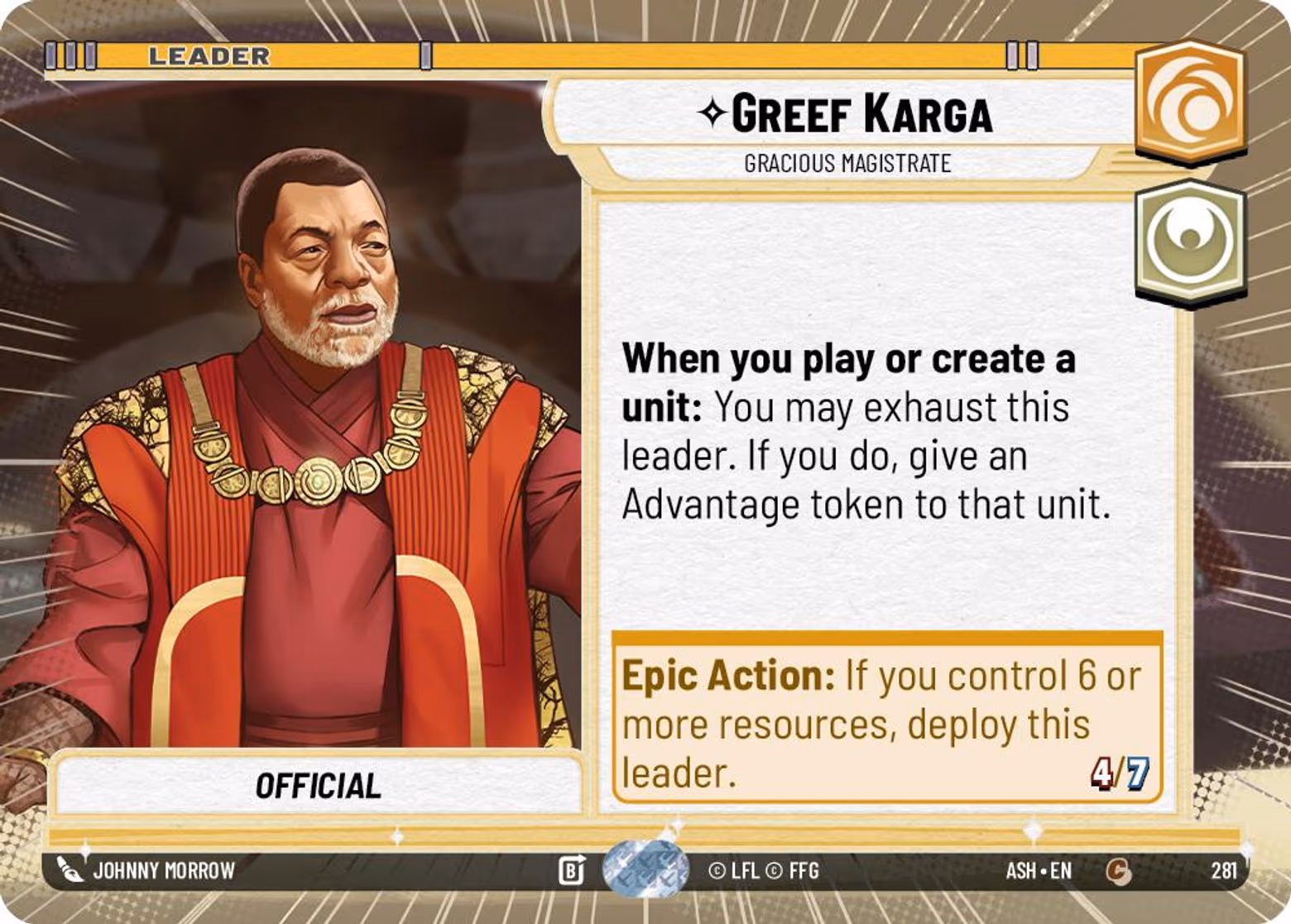 Greef Karga - Gracious Magistrate ASH-281 Hyperspace Star Wars Unlimited card
