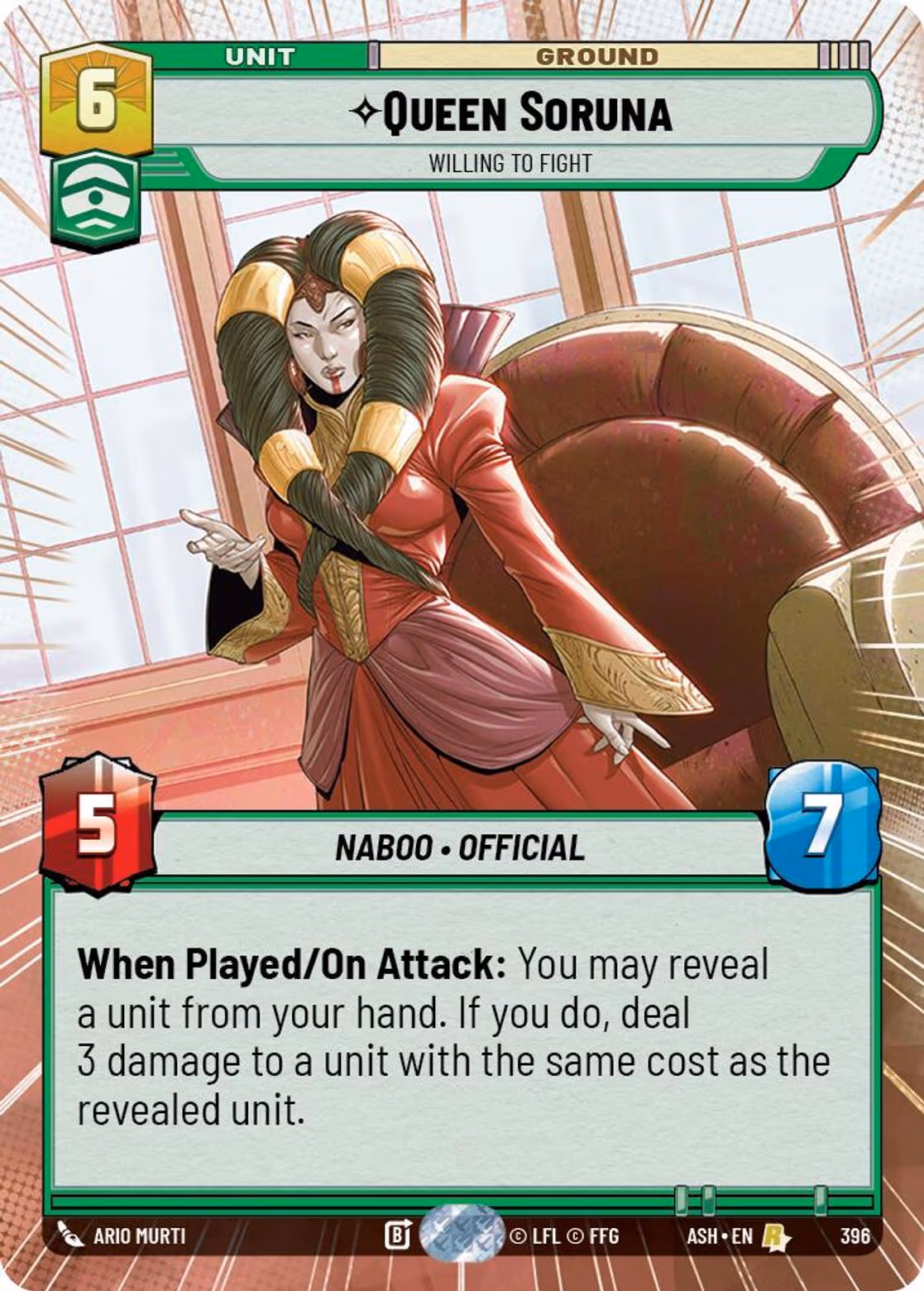 Queen Soruna - Willing to Fight ASH-396 Hyperspace Star Wars Unlimited card