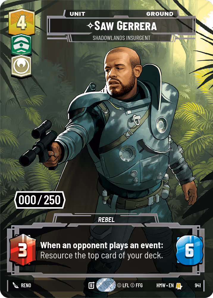 Saw Gerrera - Shadowlands Insurgent HMW-941 Serialized Star Wars Unlimited card