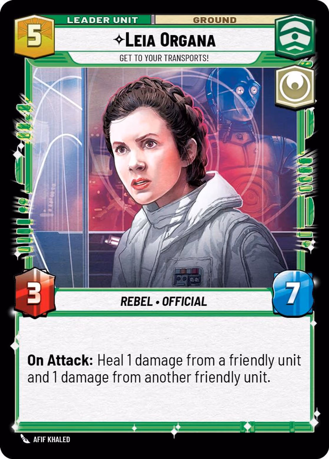 Leia Organa - Get to Your Transports! IBH-1 Star Wars Unlimited card (back face)