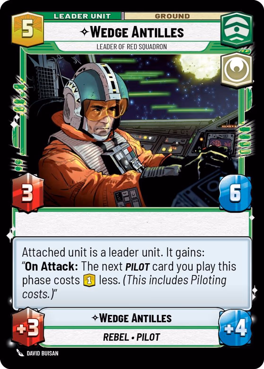 Wedge Antilles - Leader of Red Squadron JTL-008 Star Wars Unlimited card (back face)