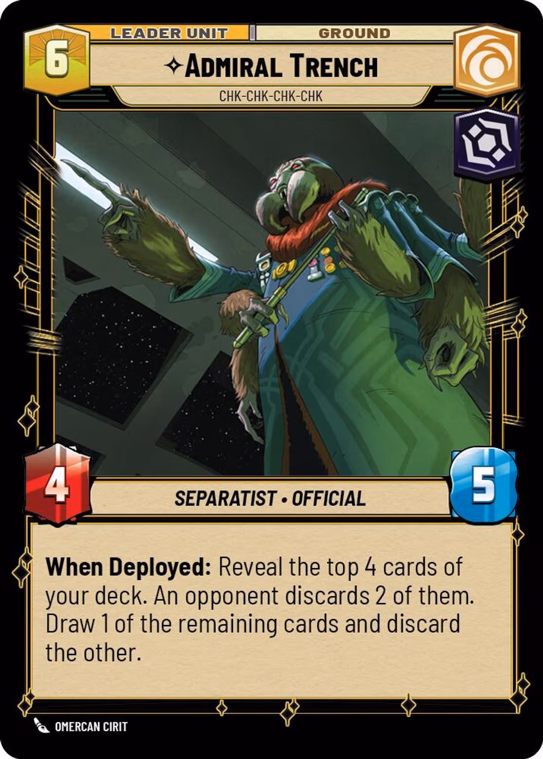 Admiral Trench - chk-chk-chk-chk JTL-014 Star Wars Unlimited card (back face)