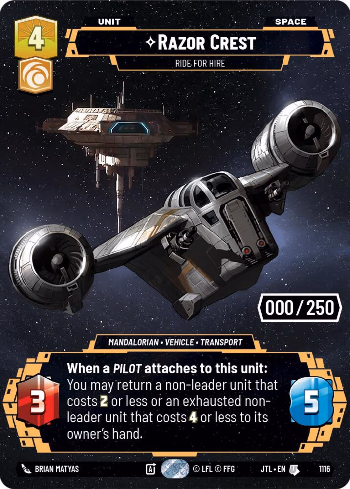 Razor Crest - Ride For Hire JTL-1116 Prestige Serialized Star Wars Unlimited card