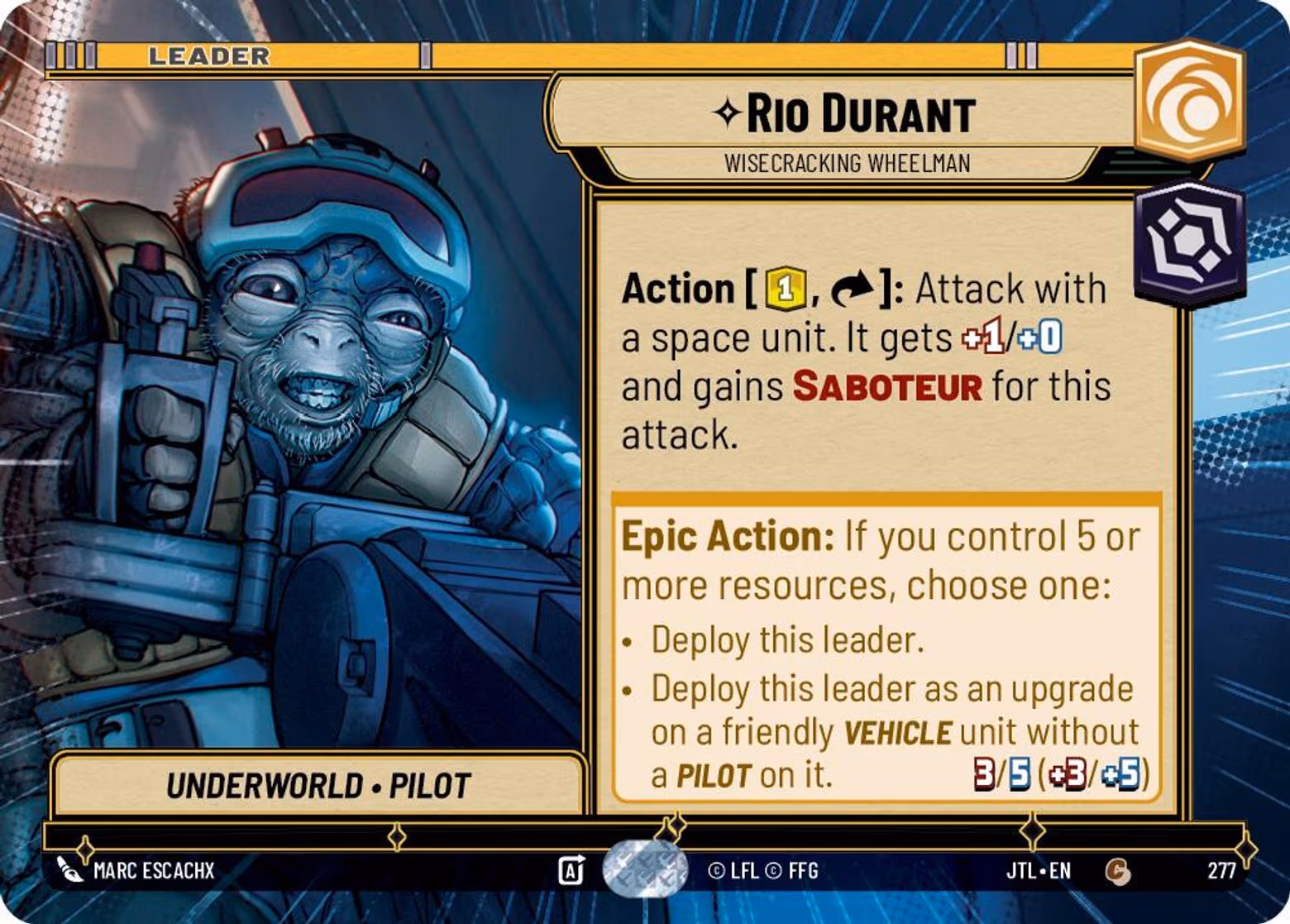 Rio Durant - Wisecracking Wheelman JTL-277 Hyperspace Star Wars Unlimited card