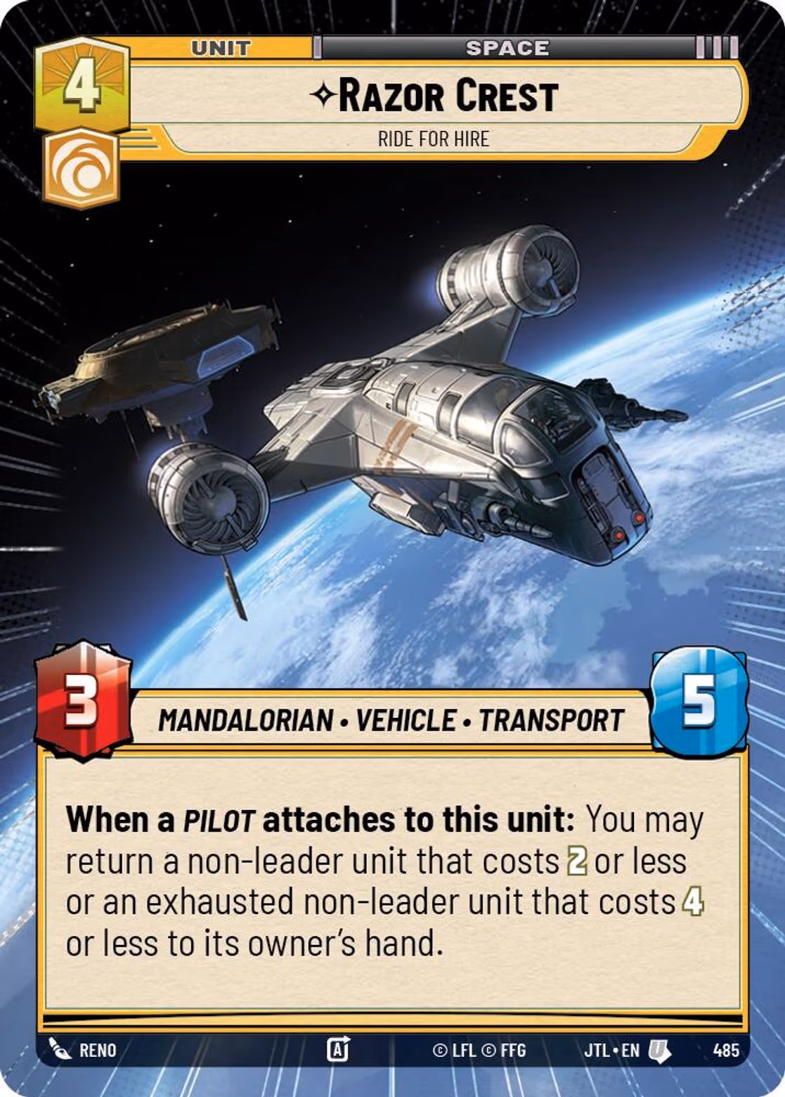 Razor Crest - Ride For Hire JTL-485 Hyperspace Star Wars Unlimited card