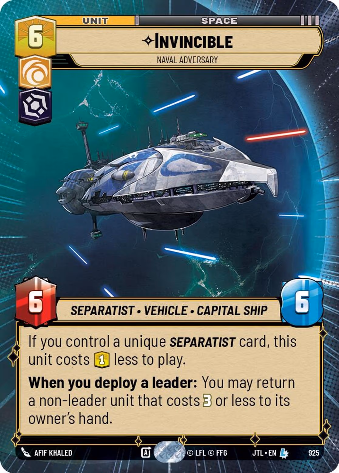 Invincible - Naval Adversary JTL-925 Hyperspace Foil Star Wars Unlimited card
