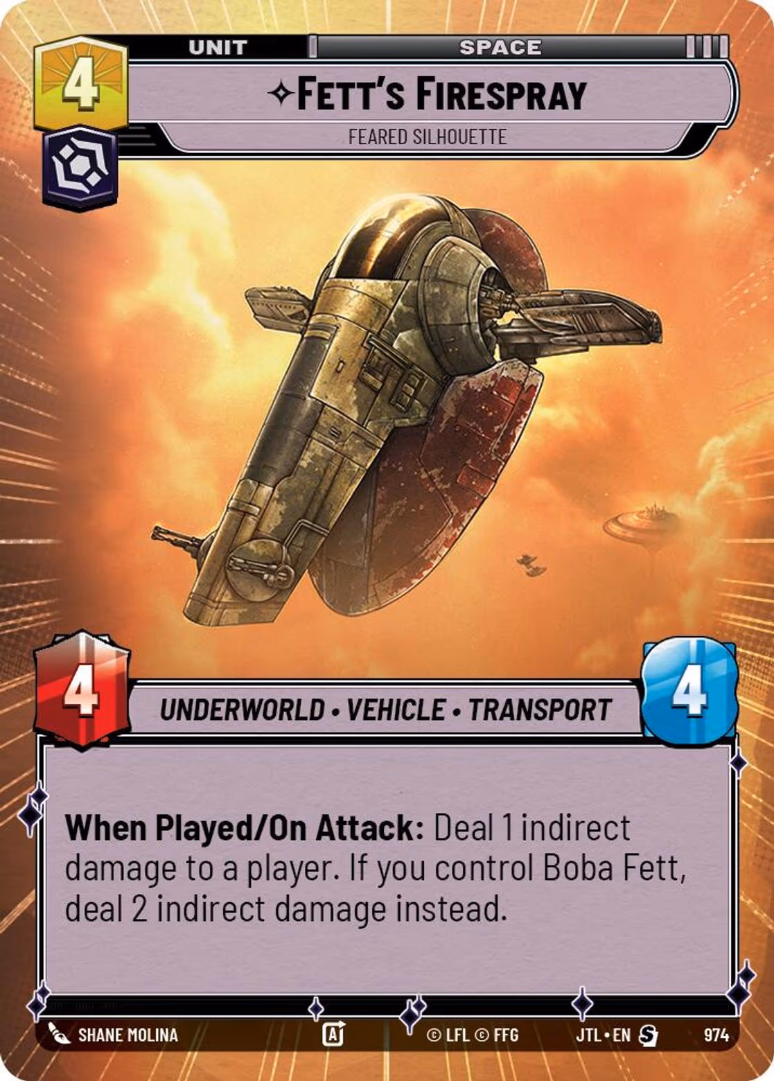 Fett's Firespray - Feared Silhouette JTL-974 Hyperspace Foil Star Wars Unlimited card