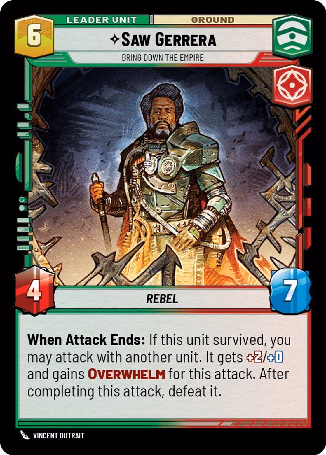 Saw Gerrera - Bring Down the Empire LAW-001 Star Wars Unlimited card (back face)