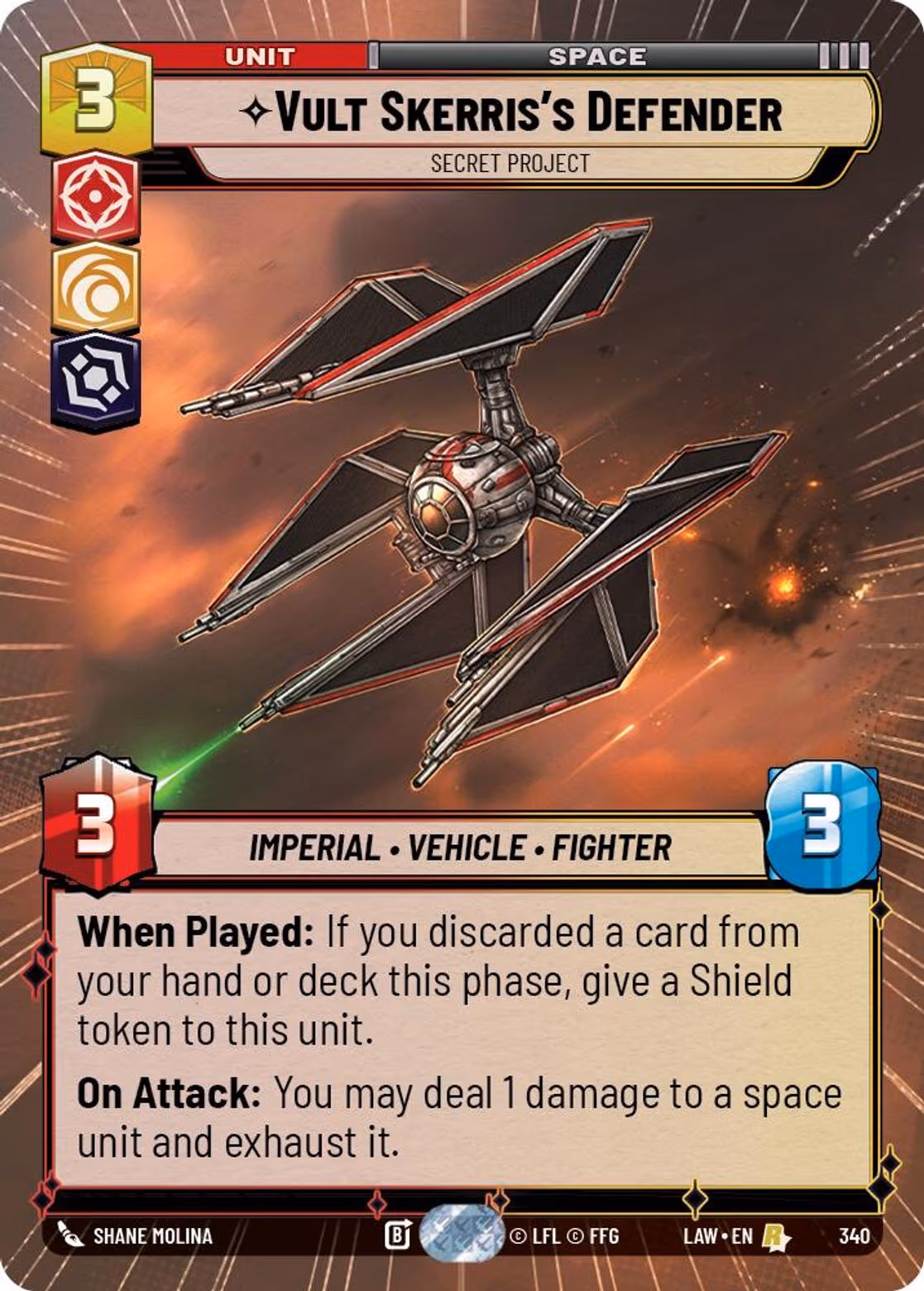 Vult Skerris's Defender - Secret Project LAW-340 Hyperspace Star Wars Unlimited card