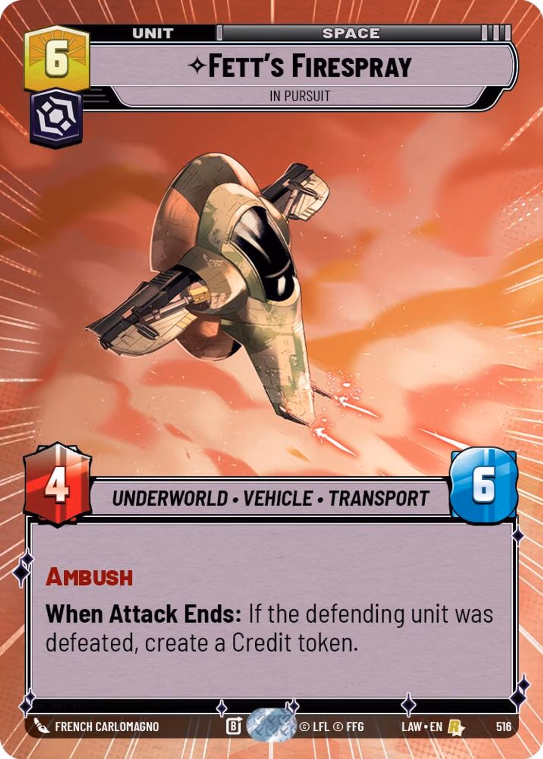 Fett's FIrespray - In Pursuit LAW-516 Hyperspace Star Wars Unlimited card