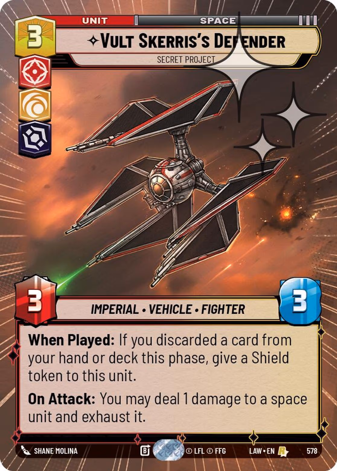 Vult Skerris's Defender - Secret Project LAW-578 Hyperspace Foil Star Wars Unlimited card