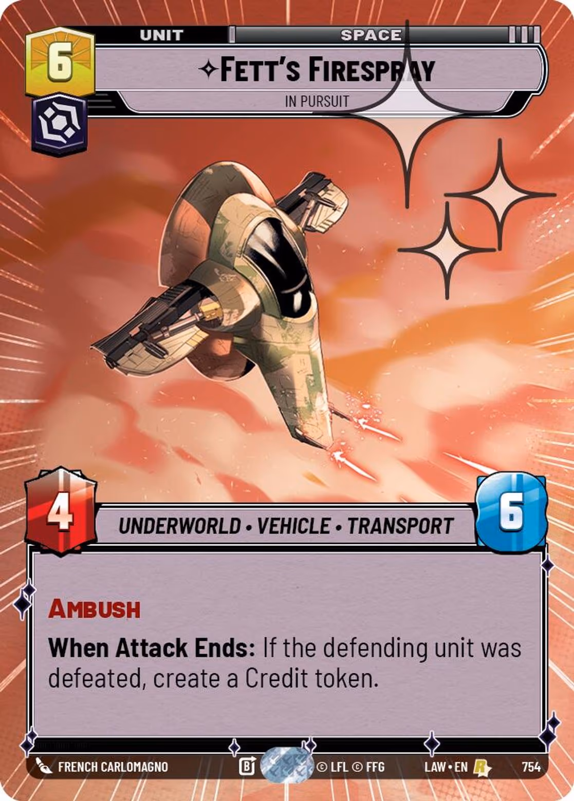 Fett's FIrespray - In Pursuit LAW-754 Hyperspace Foil Star Wars Unlimited card