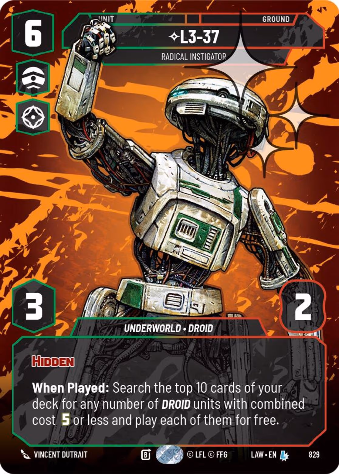 L3-37 - Radical Instigator LAW-829 Prestige Foil Star Wars Unlimited card