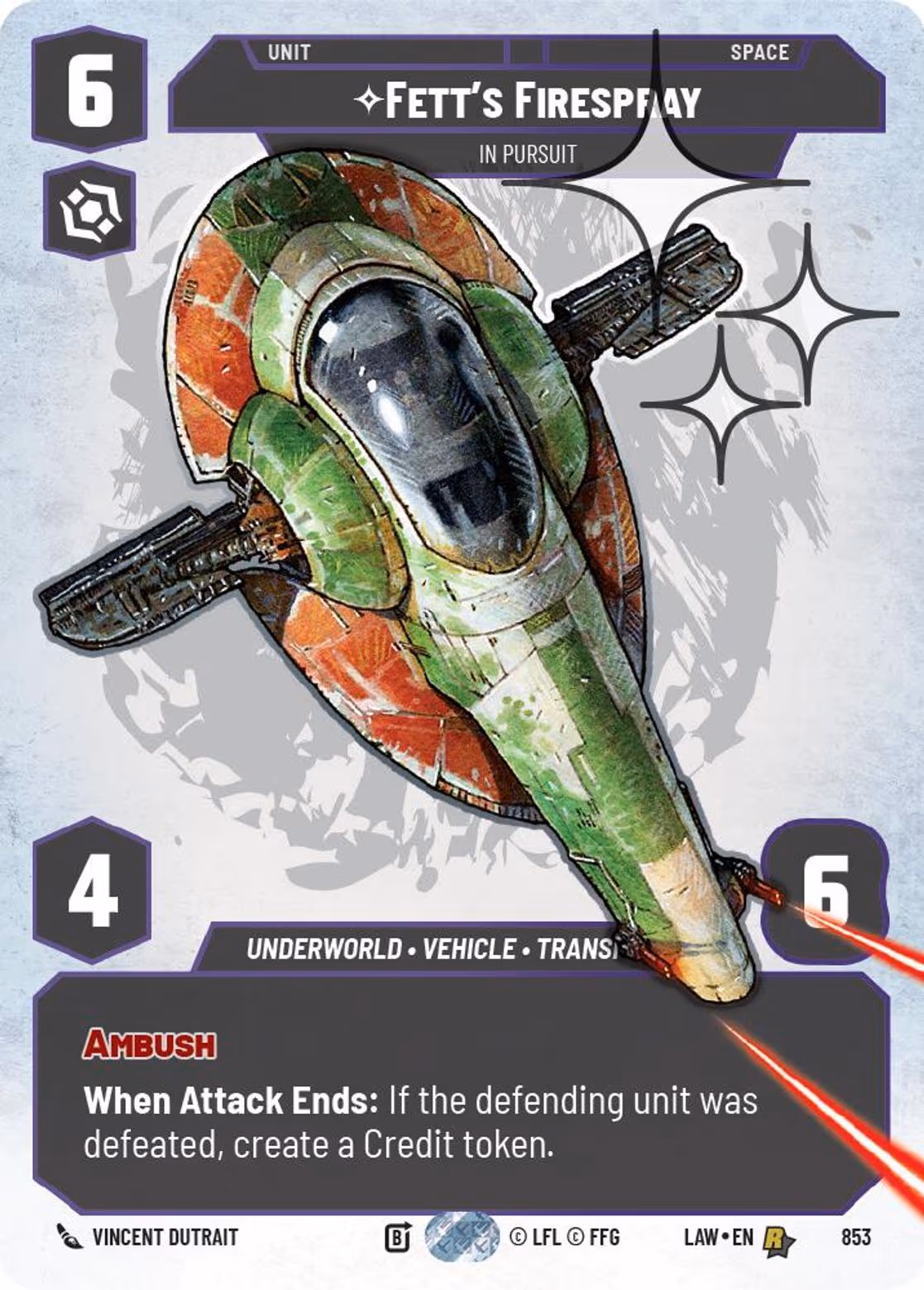Fett's FIrespray - In Pursuit LAW-853 Prestige Foil Star Wars Unlimited card