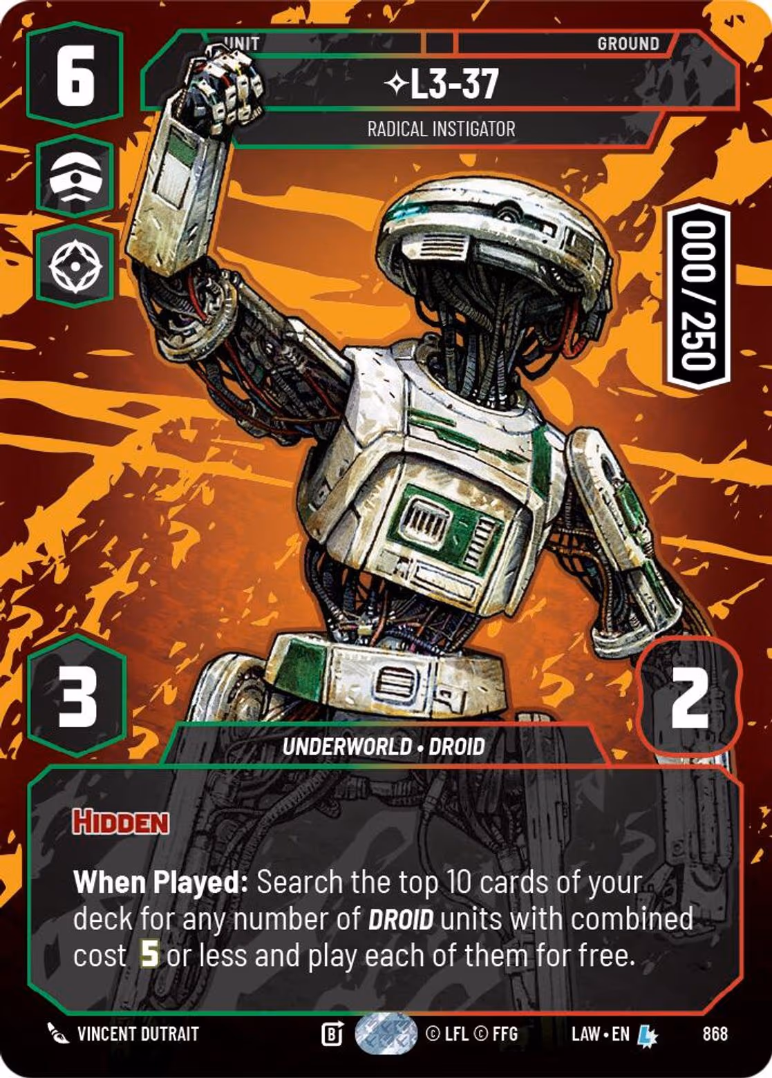 L3-37 - Radical Instigator LAW-868 Prestige Serialized Star Wars Unlimited card