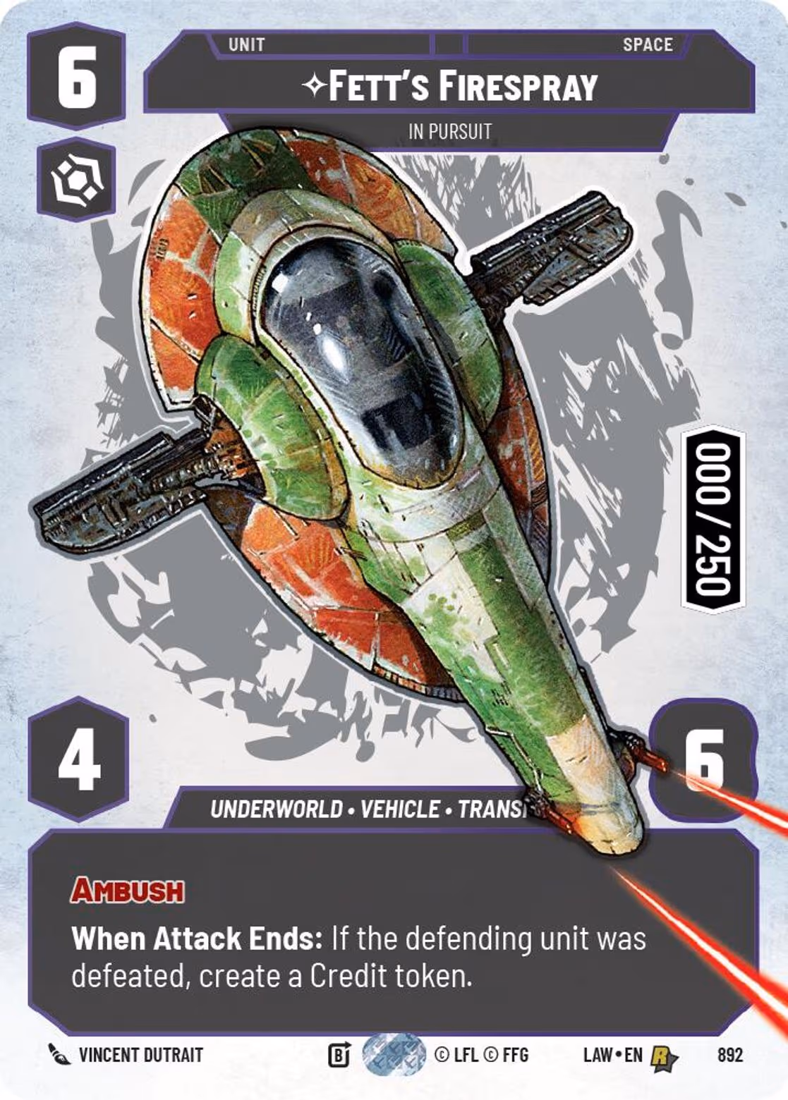 Fett's FIrespray - In Pursuit LAW-892 Prestige Serialized Star Wars Unlimited card