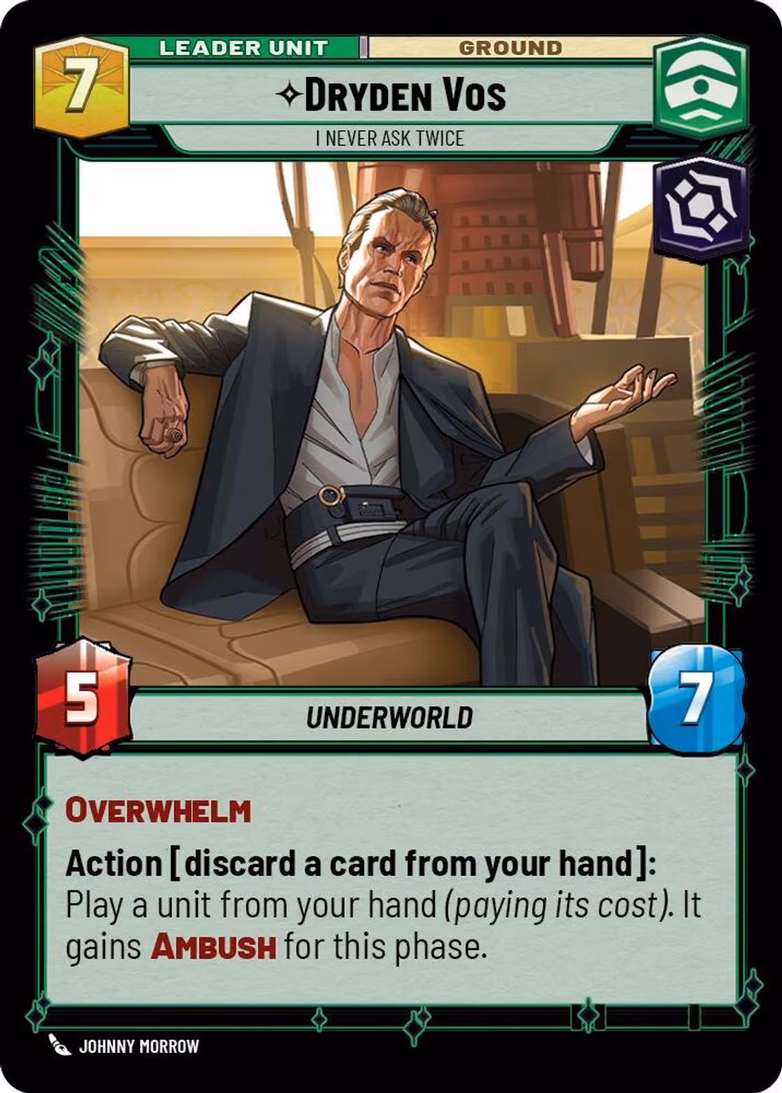 Dryden Vos - I Never Ask Twice SEC-007 Star Wars Unlimited card (back face)