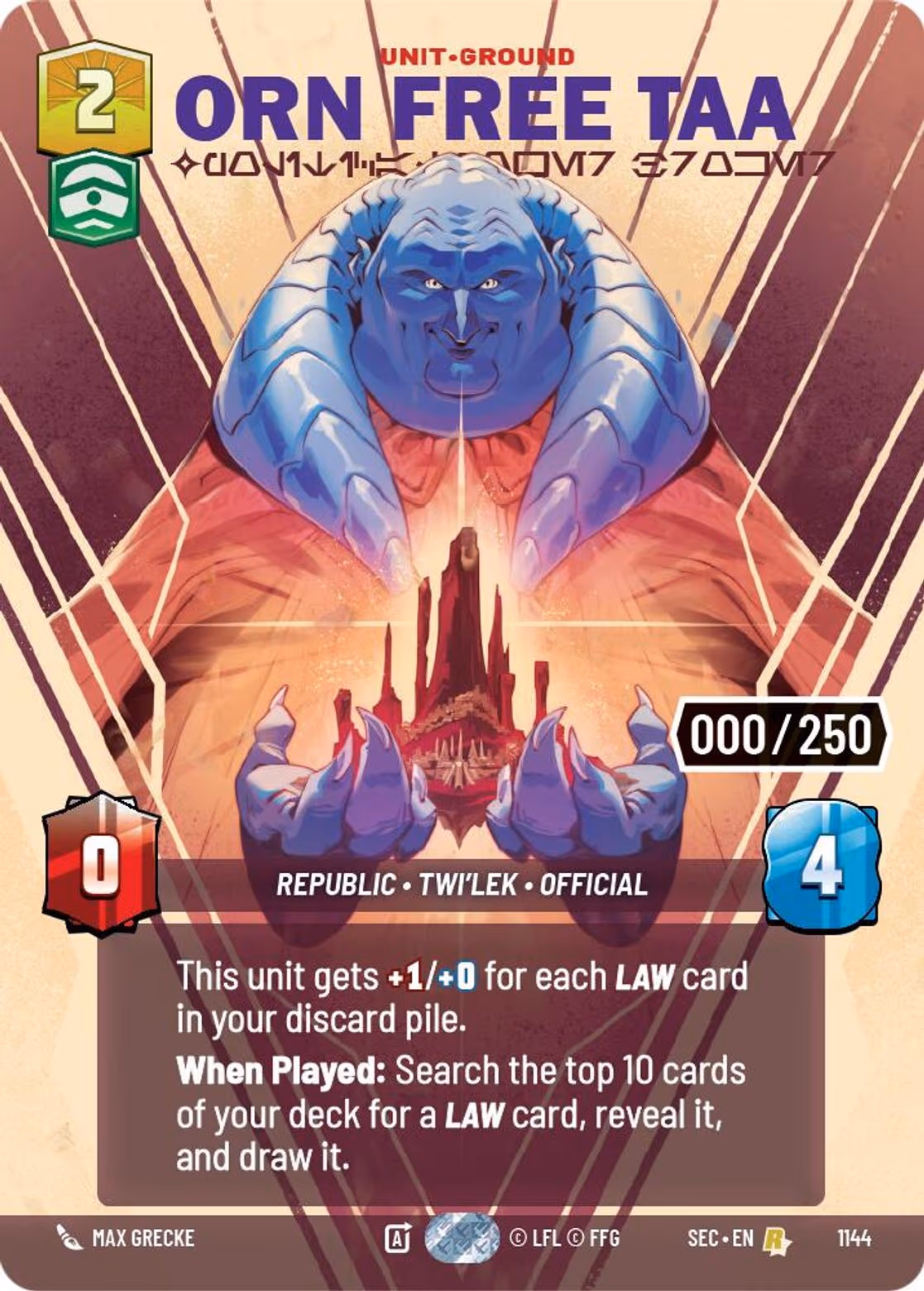 Orn Free Taa - Political Power Broker SEC-1144 Prestige Serialized Star Wars Unlimited card