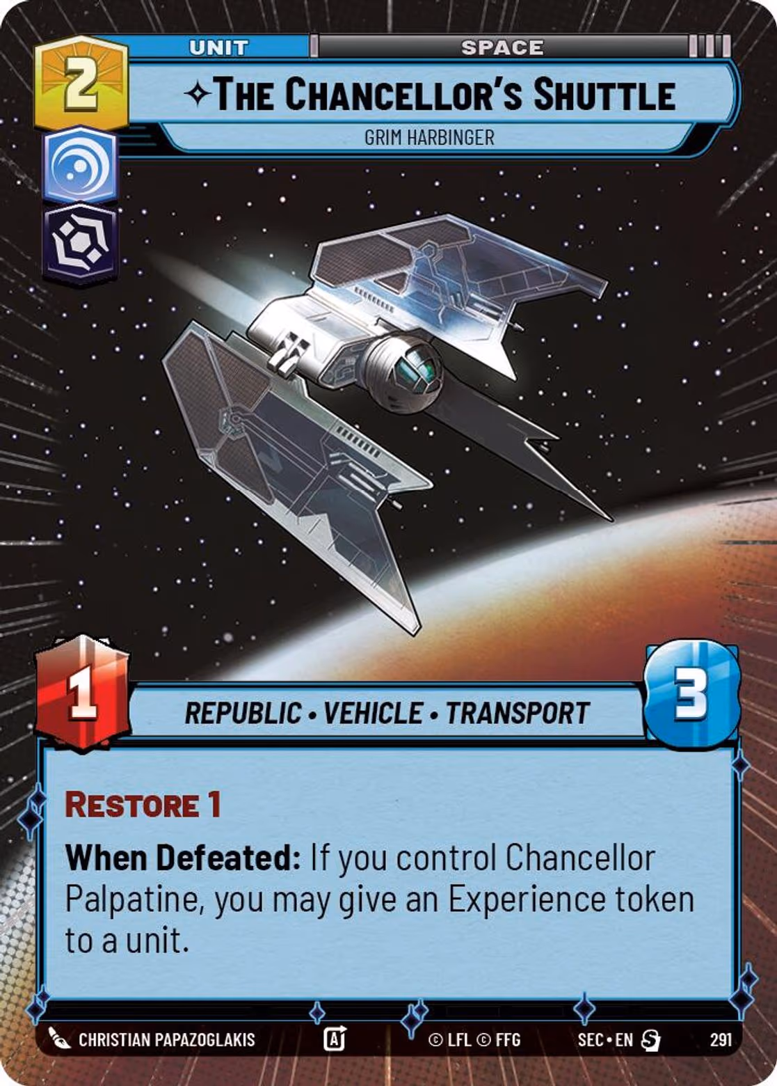 The Chancellor's Shuttle - Grim Harbinger SEC-291 Hyperspace Star Wars Unlimited card