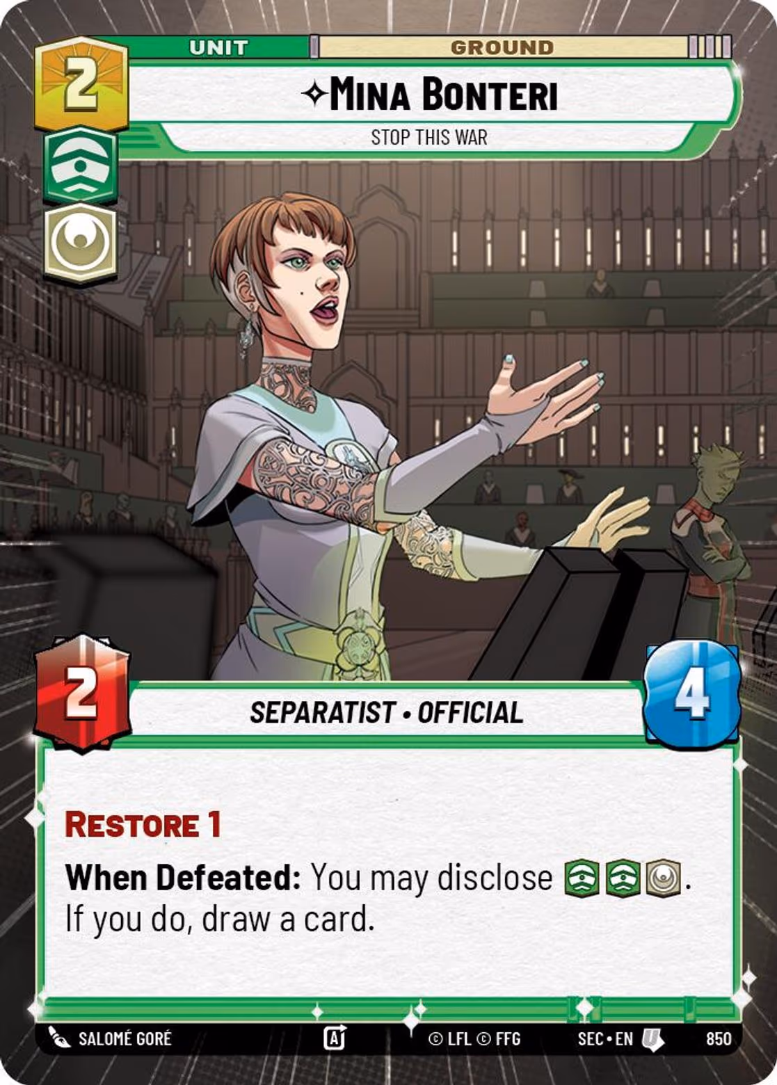 Mina Bonteri - Stop This War SEC-850 Hyperspace Foil Star Wars Unlimited card