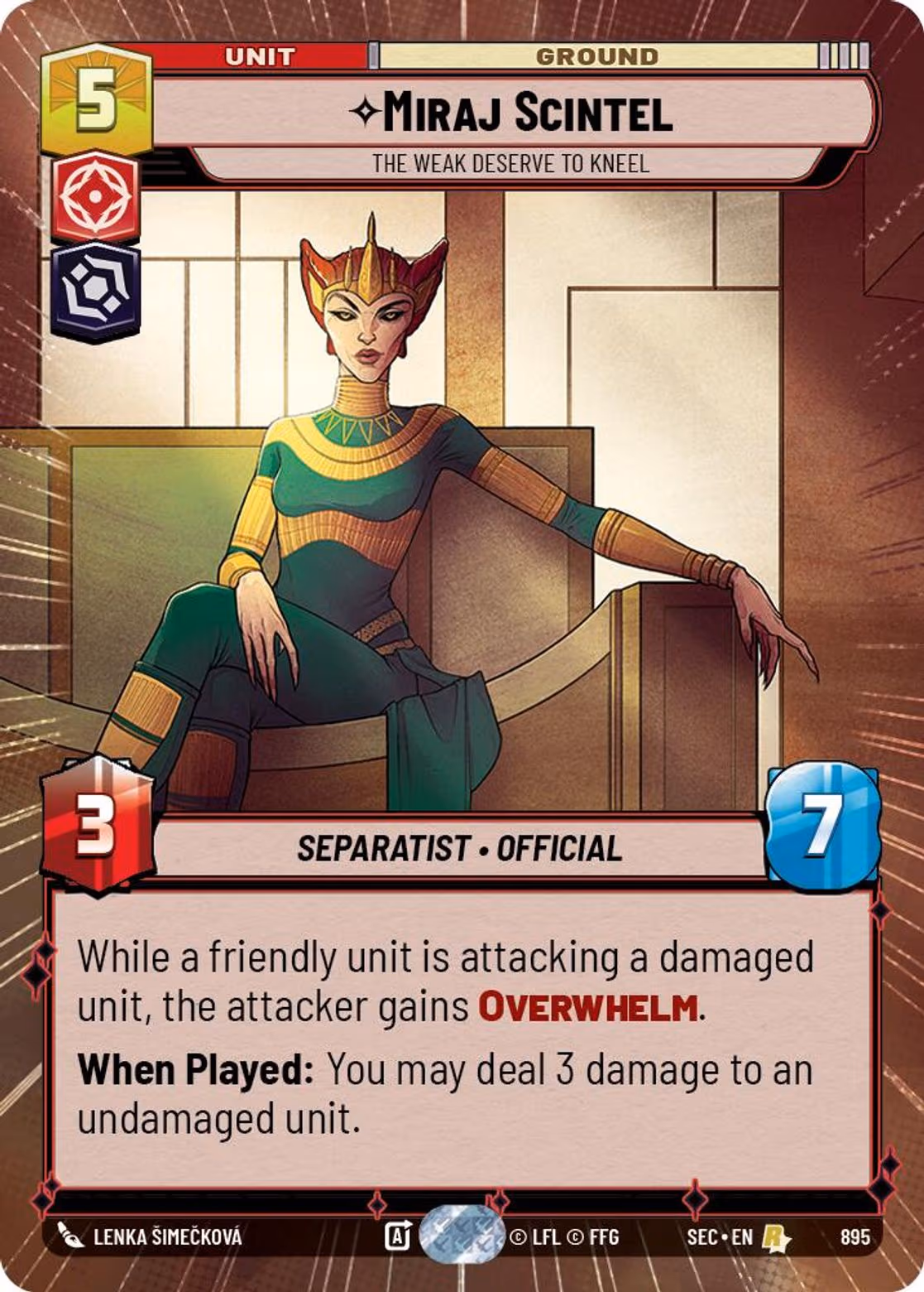 Miraj Scintel - The Weak Deserve to Kneel SEC-895 Hyperspace Foil Star Wars Unlimited card