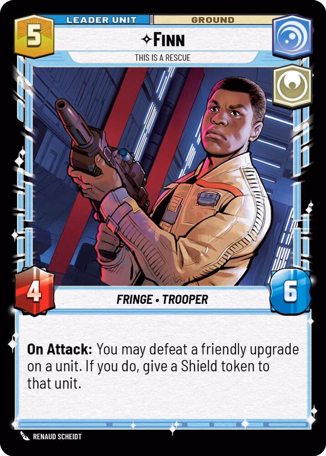 Finn - This is a Rescue SHD-003 Star Wars Unlimited card (back face)