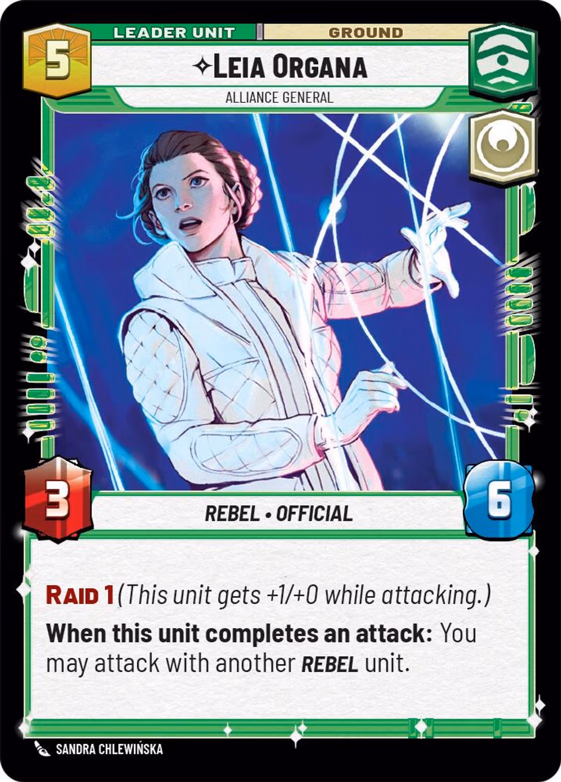 Leia Organa - Alliance General SOR-009 Star Wars Unlimited card (back face)