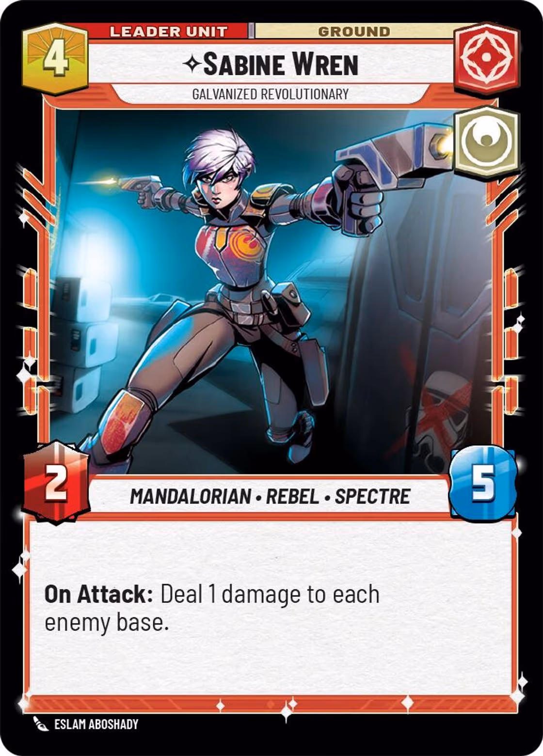 Sabine Wren - Galvanized Revolutionary SOR-014 Star Wars Unlimited card (back face)