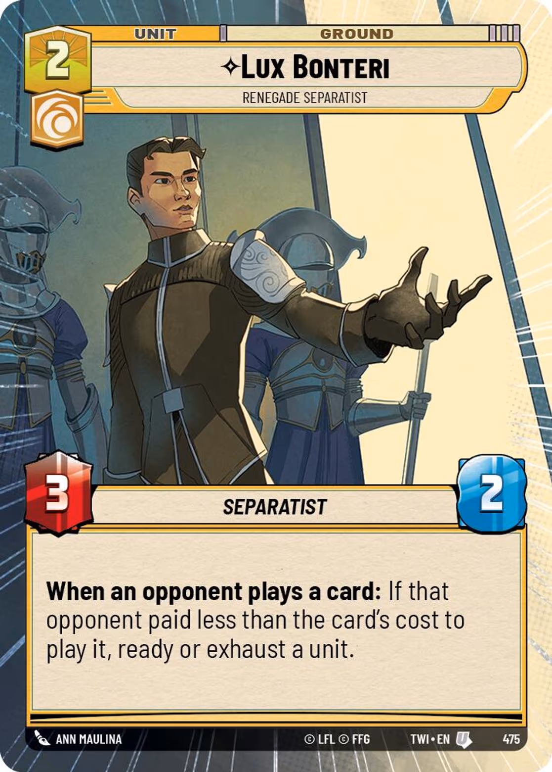 Lux Bonteri - Renegade Separatist TWI-475 Hyperspace Star Wars Unlimited card